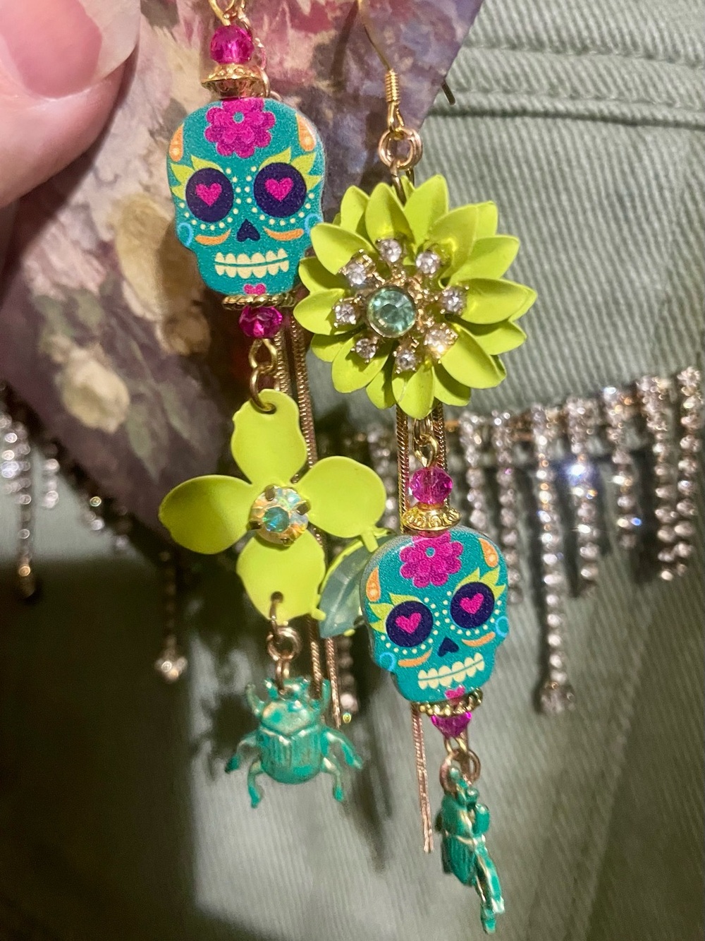 Lime Green and Teal Floral Sugar Skull Beetle Earrings with Crystal Accents - Picture 3 of 6